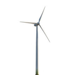 A tall wind turbine with three blades generates clean energy, isolated on transparent background