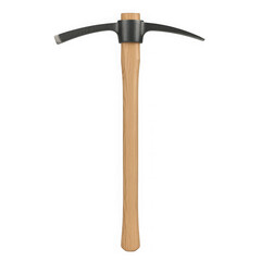 A sturdy pickaxe with a wooden handle and metal head is isolated on transparent background