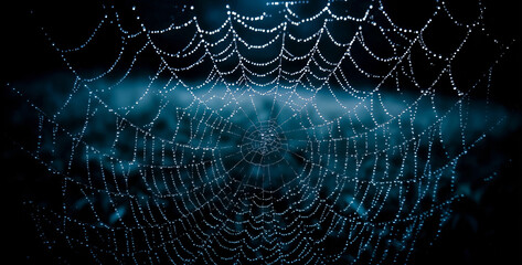 Intricate spiderweb covered in glistening dewdrops on a dark background