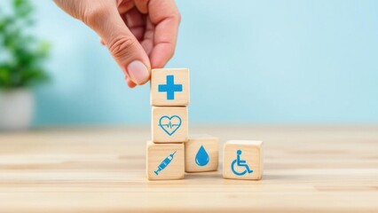 Businessman chooses a emoticon icons healthcare medical symbol on wooden block , Healthcare and medical Insurance concept