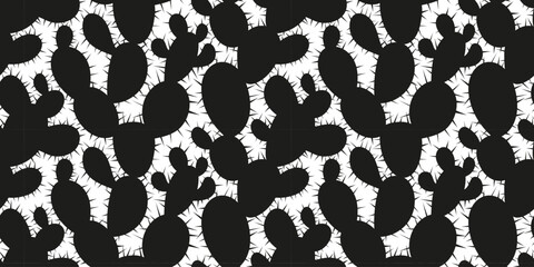 Prickly pear cactus black pattern with needles. Seamless pattern of prickly pear cactus on white background. Horizontal pattern of cactus silhouette with spikes