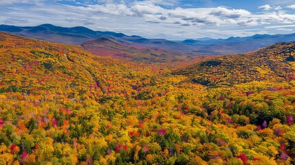 Stunning aerial view of colorful fall foliage in New Hampshire with mountains and forests bathed in golden sunlight, showcasing vibrant reds, oranges, yellows, greens, and purples during autumn season