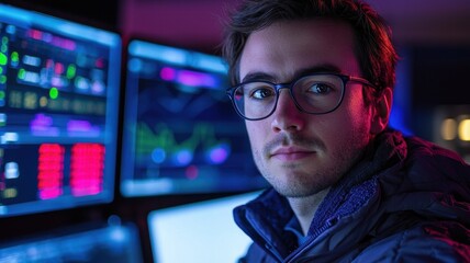 A young data analyst is intently looking at computer screens filled with graphs and digital data. The scene captures the essence of modern data analysis in a professional setting.