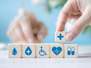 Hand chooses a emoticon icons healthcare medical symbol on wooden block , Healthcare and medical Insurance concept