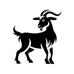 Illustration of a black goat with curved horns standing