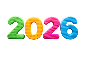 Colorful foam numbers spell out 2026 on an isolated on transparent background, representing a playful and educational concept