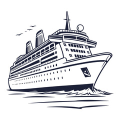 Obraz premium Stylized illustration of a large cruise ship sailing on the ocean with birds flying overhead