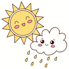 Cute cartoon sun and rainy cloud with happy faces
