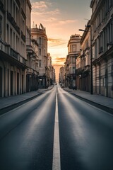 Fototapeta premium Empty City Street at Sunrise Classical Architecture Beige Buildings