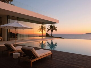 Fototapeta premium Modern villa with infinity pool overlooking the sea at sunset