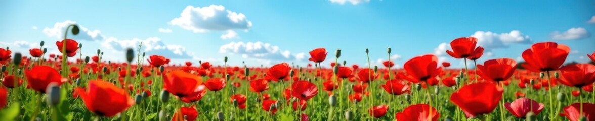 Naklejka premium A vibrant expanse of red poppies under a clear blue sky , rural, flowers