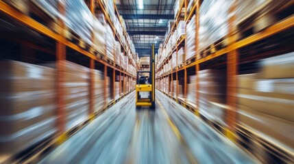 Fototapeta premium Motion blur view of large warehouse interior with tall rows of industrial storage shelving and pallet jack in the center aisle, showcasing fast-paced logistics, distribution, and supply chain operatio