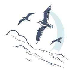 Fototapeta premium Three seagulls flying gracefully through stylized clouds and a pale blue arc