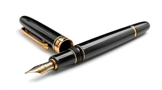 A sleek, black fountain pen with gold accents rests on a white background, its cap slightly askew, revealing the nib and feed.  The pen displays a high-quality, polished finish