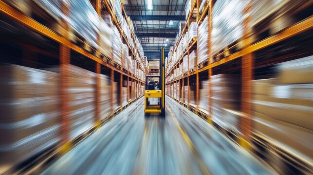 Motion blur view of large warehouse interior with tall rows of industrial storage shelving and pallet jack in the center aisle, showcasing fast-paced logistics, distribution, and supply chain operatio