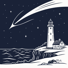 Lighthouse on a cliff under a starry night sky with a shooting star