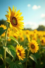 Golden sunflowers sway in summer breeze, vibrant field , pattern, bright