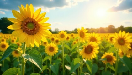 Golden sunflowers bask in sunlight, vibrant field , light, rays, vibrant