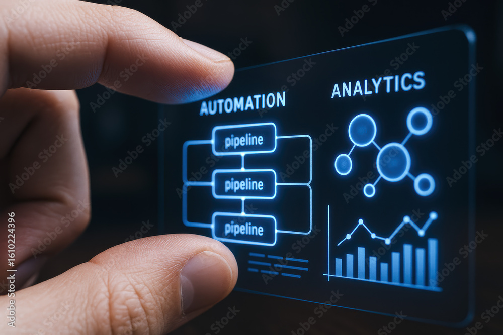 Poster automation and analytics reveal data insight and process system technology concept with vivid clarit