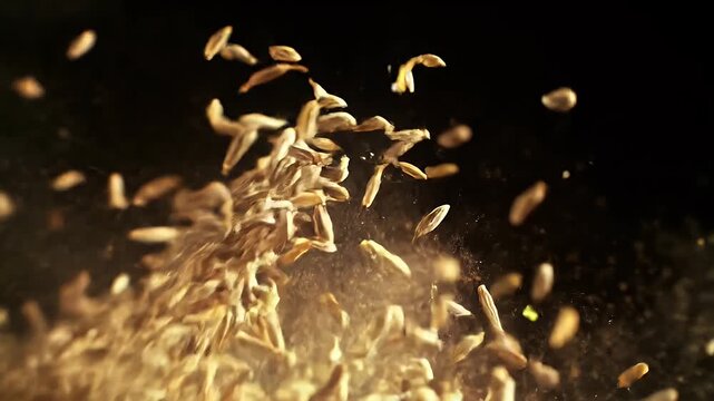 Cumin Seed Explosion Brown Spice with Powder Mist Rising Against a Dark Backdrop Detailed Texture and Close up Food Photography with Studio Lighting