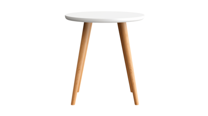 Stylish modern accent table with white top and minimalist wood legs brings elegant touch to any room isolated on white or transparent png.
