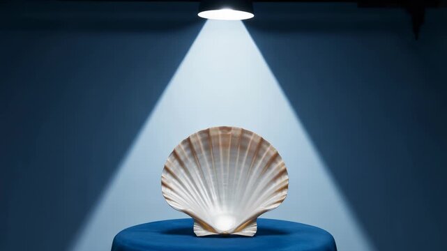 Scallop shell on velvet table in spotlight