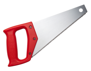 Flat Vector Hand Saw with Red Plastic Handle, Top-Down View, Minimal Style, Transparent PNG
