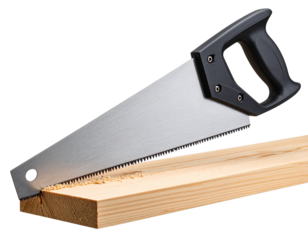 Hand Saw in Use, Cutting Through Wooden Plank, Action Angle, Transparent PNG