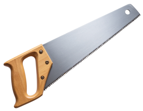 Realistic Hand Saw with Wooden Handle, Side Profile View, Transparent Background PNG