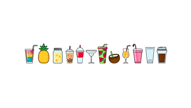 Assorted colorful summer drinks cocktails and juices vector illustration for menu or graphic design art