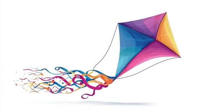 A colorful diamond-shaped object with streaming ribbons floats in the air against a white background