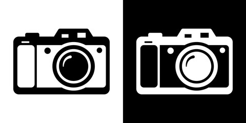 An illustration showing two classic camera designs, one in black on a white background and the other in white on a black background, both featuring a lens