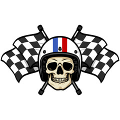 Skull Wearing Helmet Crossed Flags Vintage Retro Style Racing Illustration