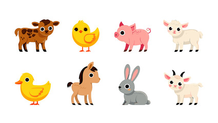 Cartoon farm animals vector illustration set for kids educational resources and graphic design projects
