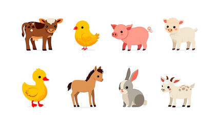 Obraz premium Farm animals cartoon illustration featuring cow chick pig sheep duck horse rabbit and goat vector design