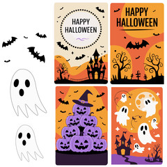 Happy Halloween Greeting Cards Pumpkins Ghosts Bats Haunted Night Illustration