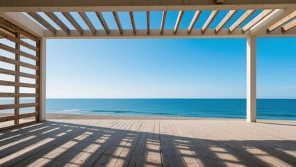 Obraz premium Wooden pergola overlooking a serene beach with clear blue skies