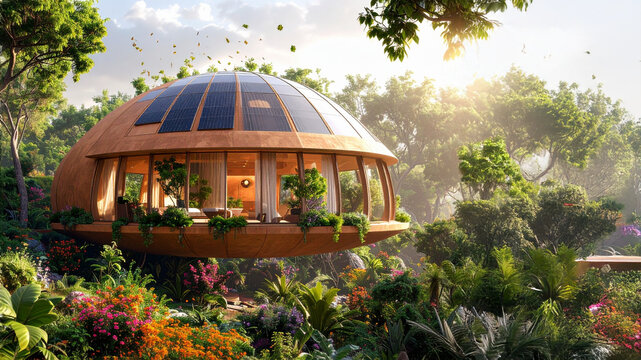 Futuristic, eco-friendly dome house with solar panels and large windows, nestled in a vibrant, verdant landscape bathed in sunlight. Conveys sustainability, innovation, and green living.