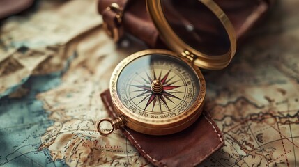 A close-up of a vintage brass compass resting on an old map with soft natural light and travel gear in the background