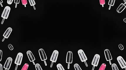 Seamless border of ice cream popsicles, solated vector image in two design variants - on transparent and black backgrounds, chalk drawing