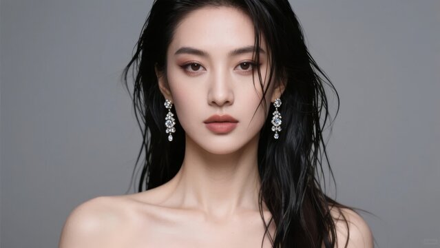 A person with wet hair wearing elegant earrings, captured in a studio setting.