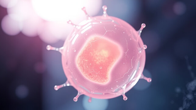 Embryonic stem cell under microscope glowing with cellular detail and soft blur with copy space. Soft light.Laboratory background.