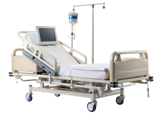 A modern hospital bed with iv drip and monitor is isolated on transparent background, ready for patient care