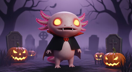 A cartoon axolotl dressed as a vampire stands in a spooky graveyard.
