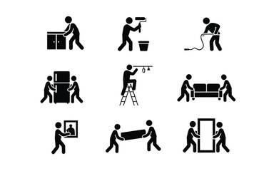 Home improvement and moving stick figure icon set