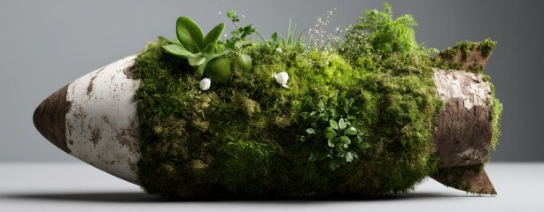 rocket growth minimal sustainability concept. A moss-covered bomb symbolizes nature reclaiming urban spaces.