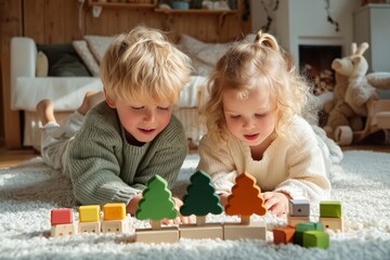 Joyful Playtime: Two Kids Engaged with Wooden Toys on a Cozy Living Room Carpet