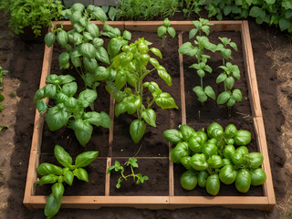 Lush Raised Bed Herb Garden with Green Basil and Mint