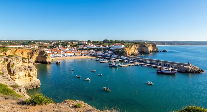 Picturesque harbor of Salema village with whitewashed houses, Algarve coast, Portugal, Europe