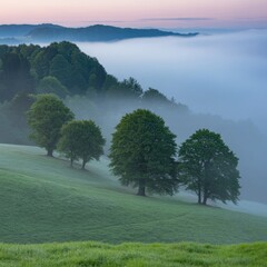 Fototapeta premium Rolling green hills with misty forest and distant mountains